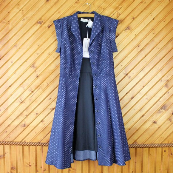 Annie 50 Cotton Dress Button Down Fit and Flare XS Navy Blue White Polka Dot D93 - Picture 7 of 12